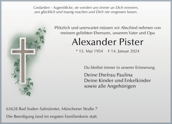 Traueranzeige von Alexander Pister von FZ
