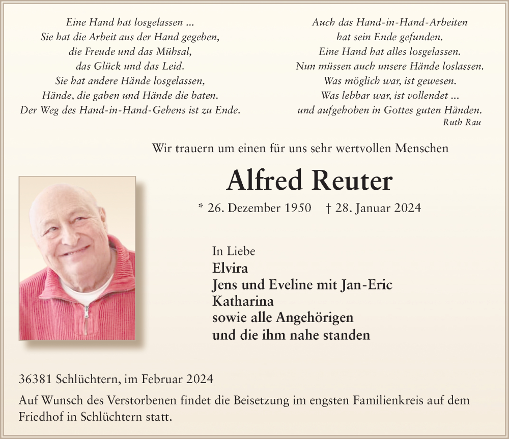  Traueranzeige für Alfred Reuter vom 03.02.2024 aus FZ