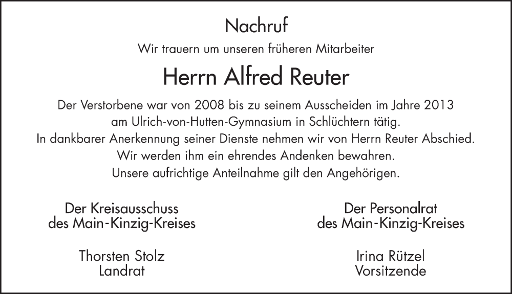  Traueranzeige für Alfred Reuter vom 02.02.2024 aus FZ