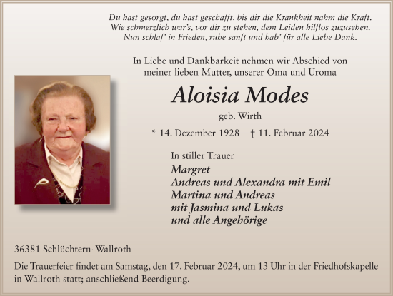 Traueranzeige von Aloisia Modes von FZ
