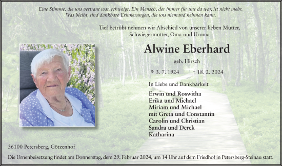 Traueranzeige von Alwine Eberhard von FZ