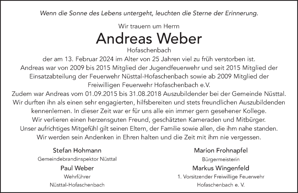  Traueranzeige für Andreas Weber vom 20.02.2024 aus FZ