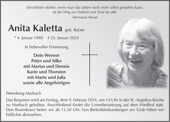 Traueranzeige von Anita Kaletta