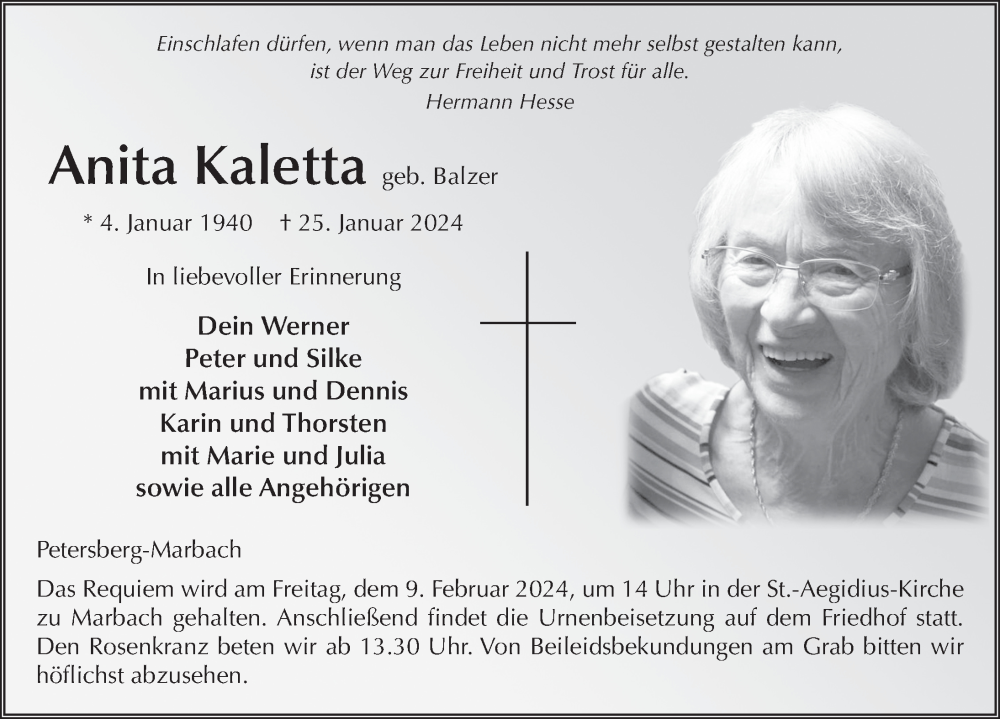  Traueranzeige für Anita Kaletta vom 03.02.2024 aus FZ