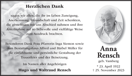 Traueranzeige von Anna Rensch von FZ