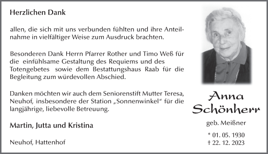 Traueranzeige von Anna Schönherr von FZ