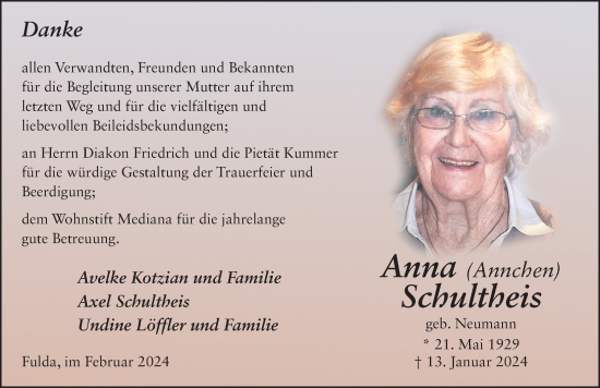 Traueranzeige von Anna Schultheis von FZ