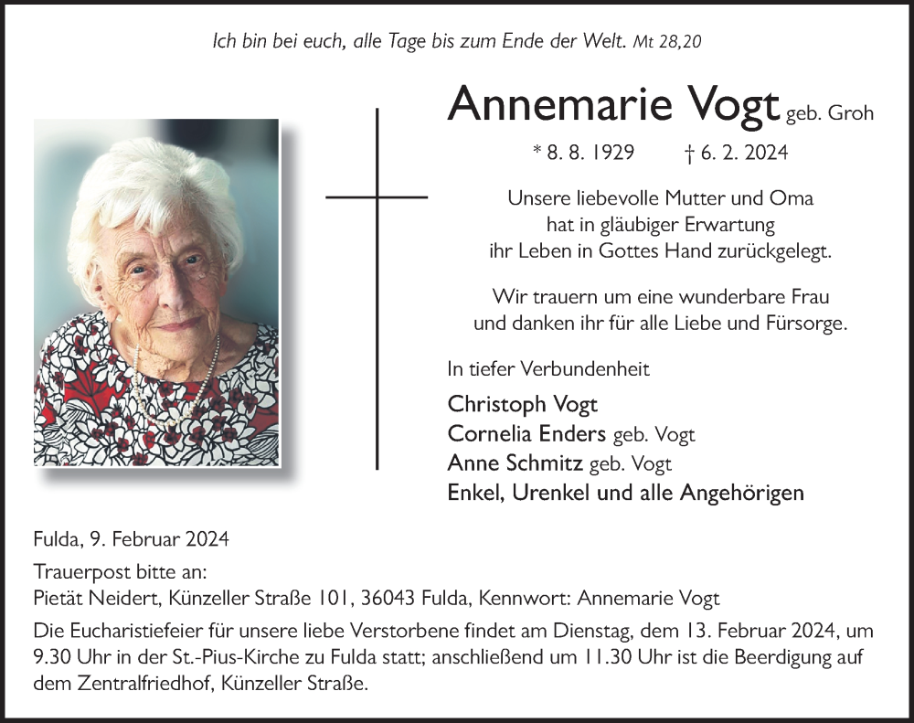  Traueranzeige für Annemarie Vogt vom 09.02.2024 aus FZ