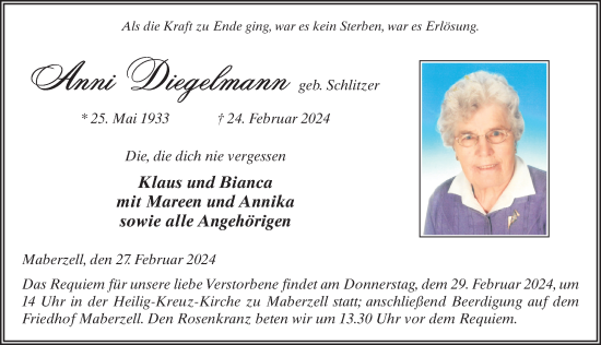 Traueranzeige von Anni Diegelmann von FZ