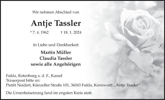 Traueranzeige von Antje Tassler von FZ