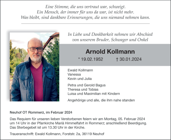Traueranzeige von Arnold Kollmann von FZ