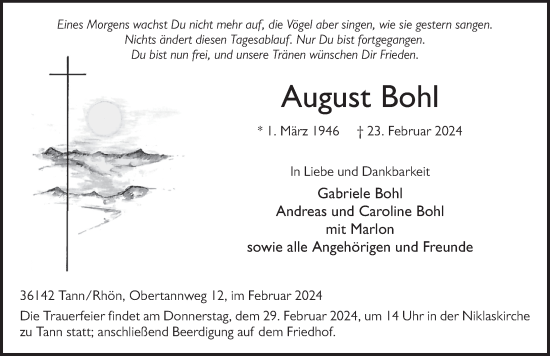Traueranzeige von August Bohl von FZ