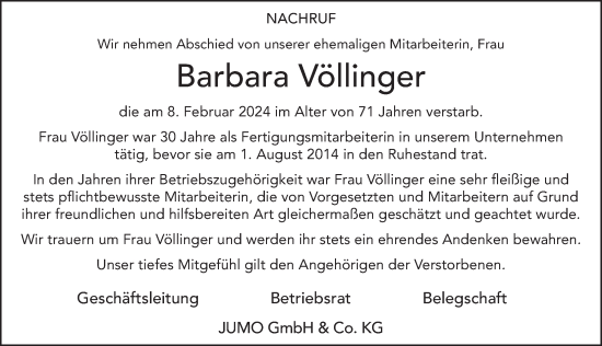 Traueranzeige von Barbara Völlinger von FZ