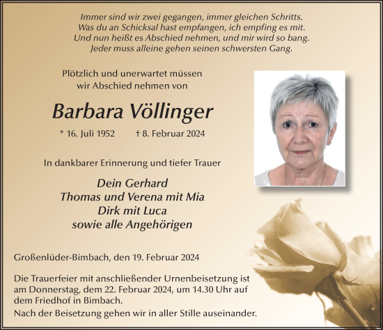 Traueranzeige von Barbara Völlinger von FZ