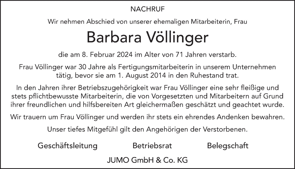  Traueranzeige für Barbara Völlinger vom 19.02.2024 aus FZ