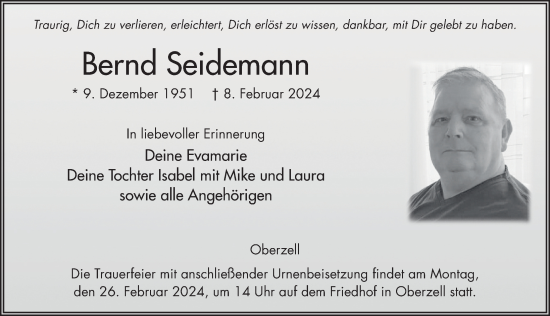 Traueranzeige von Bernd Seidemann von FZ