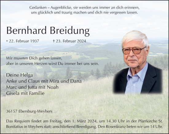 Traueranzeige von Bernhard Breidung von FZ