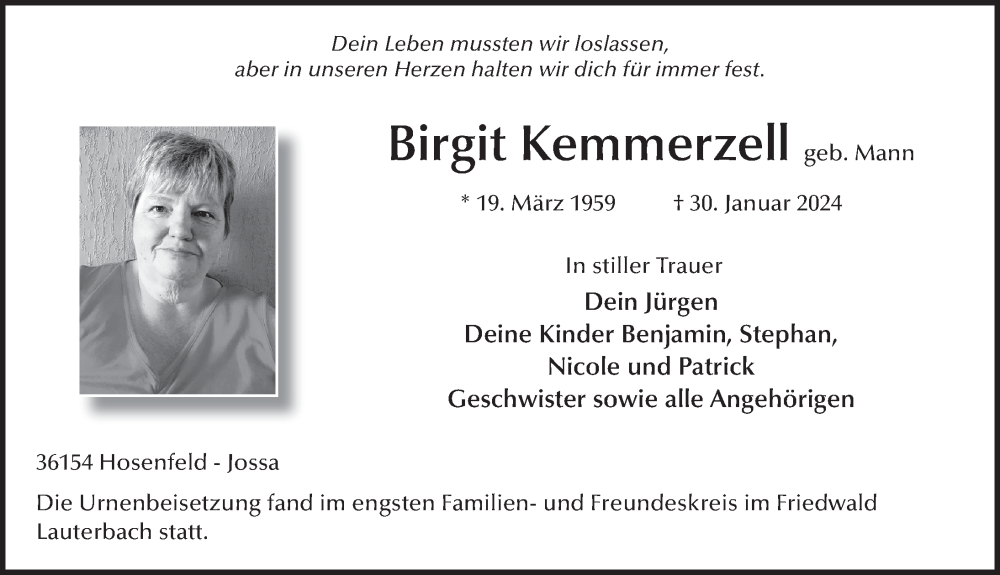  Traueranzeige für Birgit Kemmerzell vom 23.02.2024 aus FZ