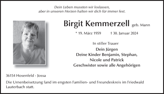 Traueranzeige von Birgit Kemmerzell von FZ