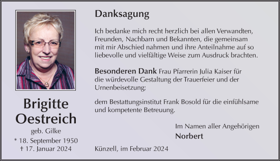 Traueranzeige von Brigitte Oestreich von FZ