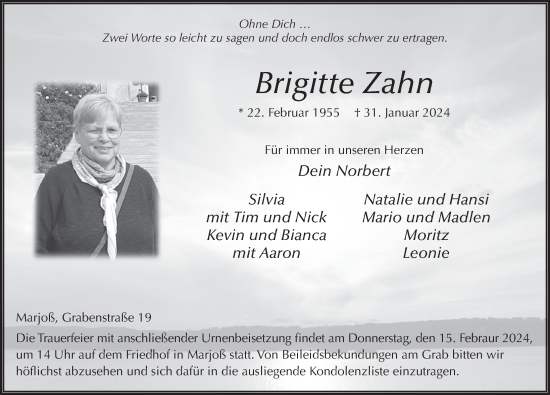 Traueranzeige von Brigitte Zahn von FZ
