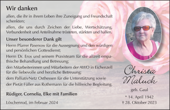Traueranzeige von Christa Maluck von FZ
