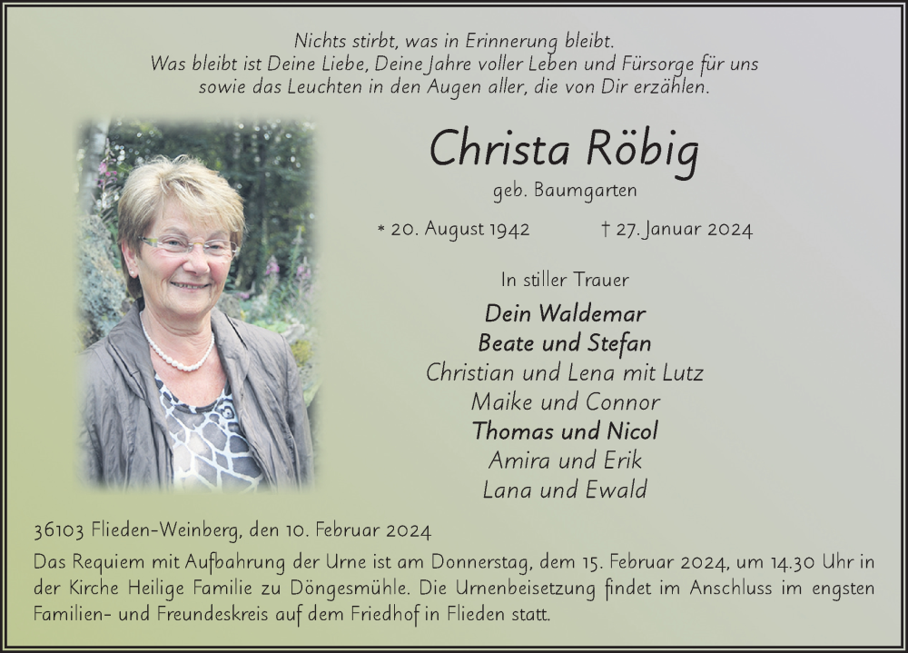  Traueranzeige für Christa Röbig vom 10.02.2024 aus FZ