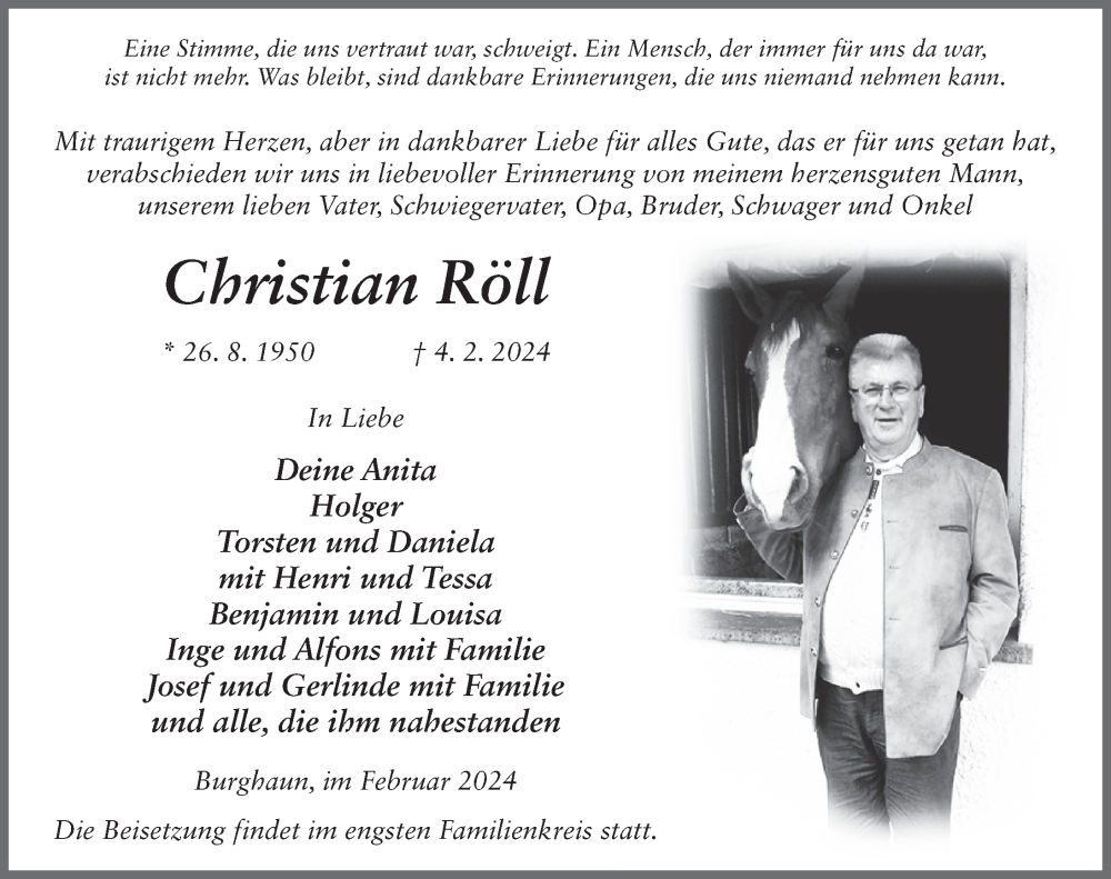  Traueranzeige für Christian Röll vom 15.02.2024 aus FZ
