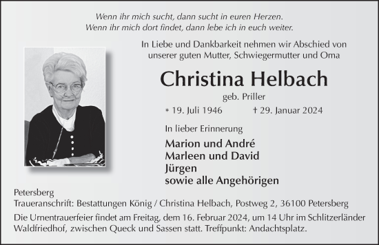 Traueranzeige von Christina Helbach von FZ