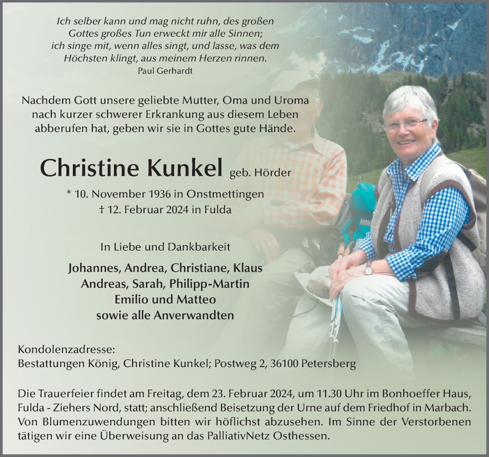  Traueranzeige für Christine Kunkel vom 17.02.2024 aus FZ