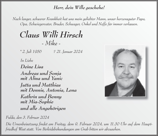 Traueranzeige von Claus Willi Hirsch von FZ