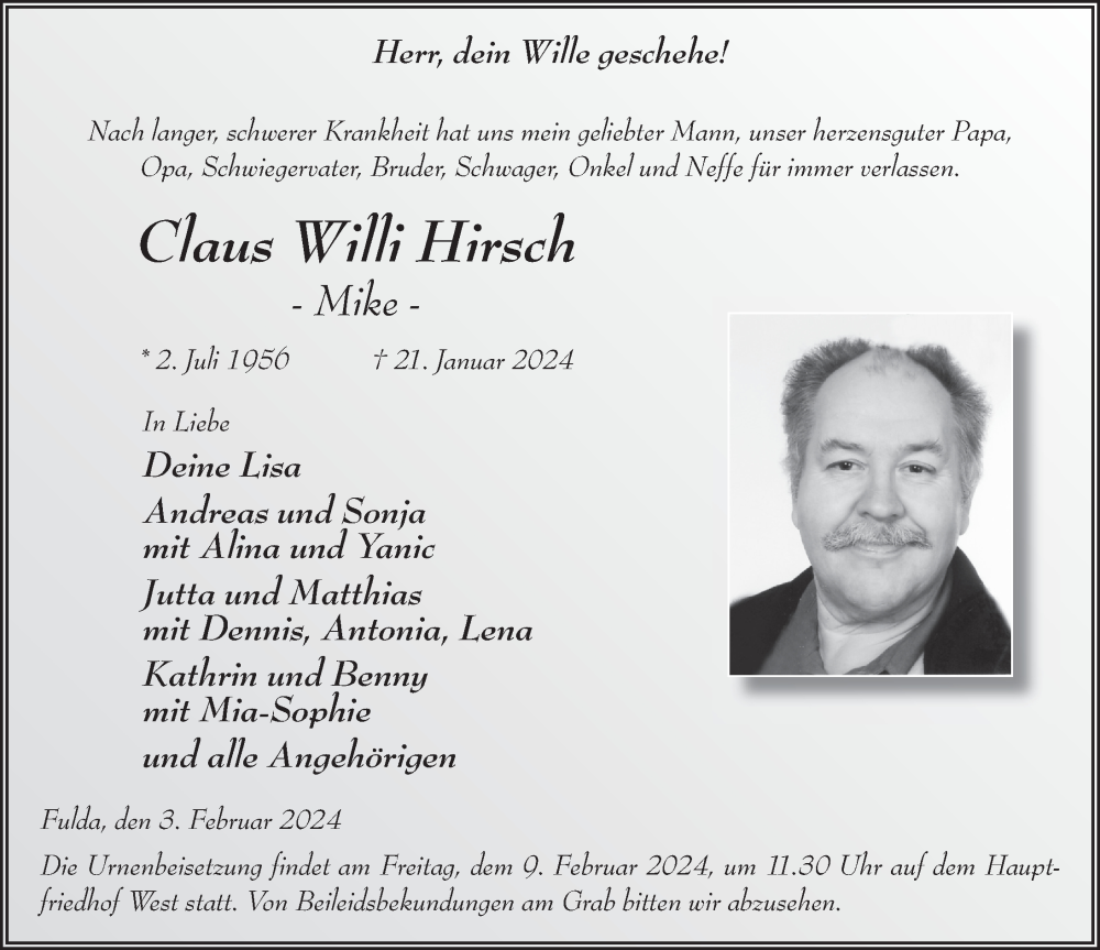  Traueranzeige für Claus Willi Hirsch vom 03.02.2024 aus FZ