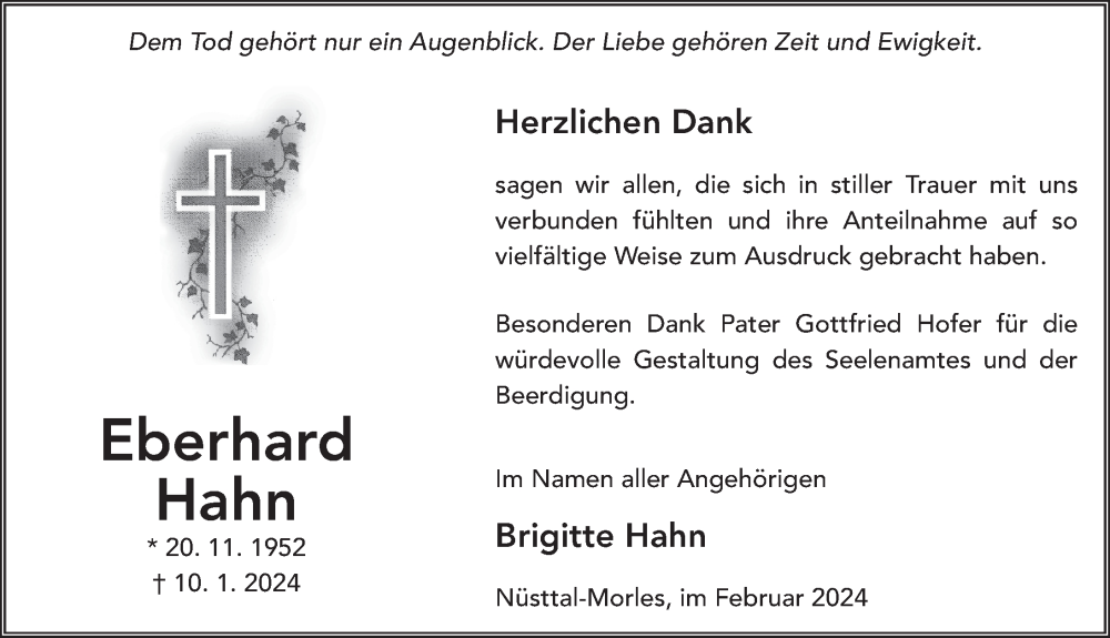  Traueranzeige für Eberhard Hahn vom 16.02.2024 aus FZ