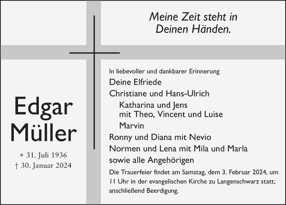  Traueranzeige für Edgar Müller vom 01.02.2024 aus FZ