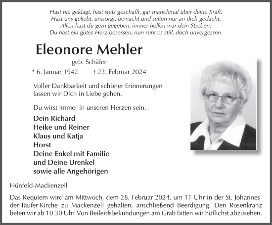 Traueranzeige von Eleonore Mehler von FZ