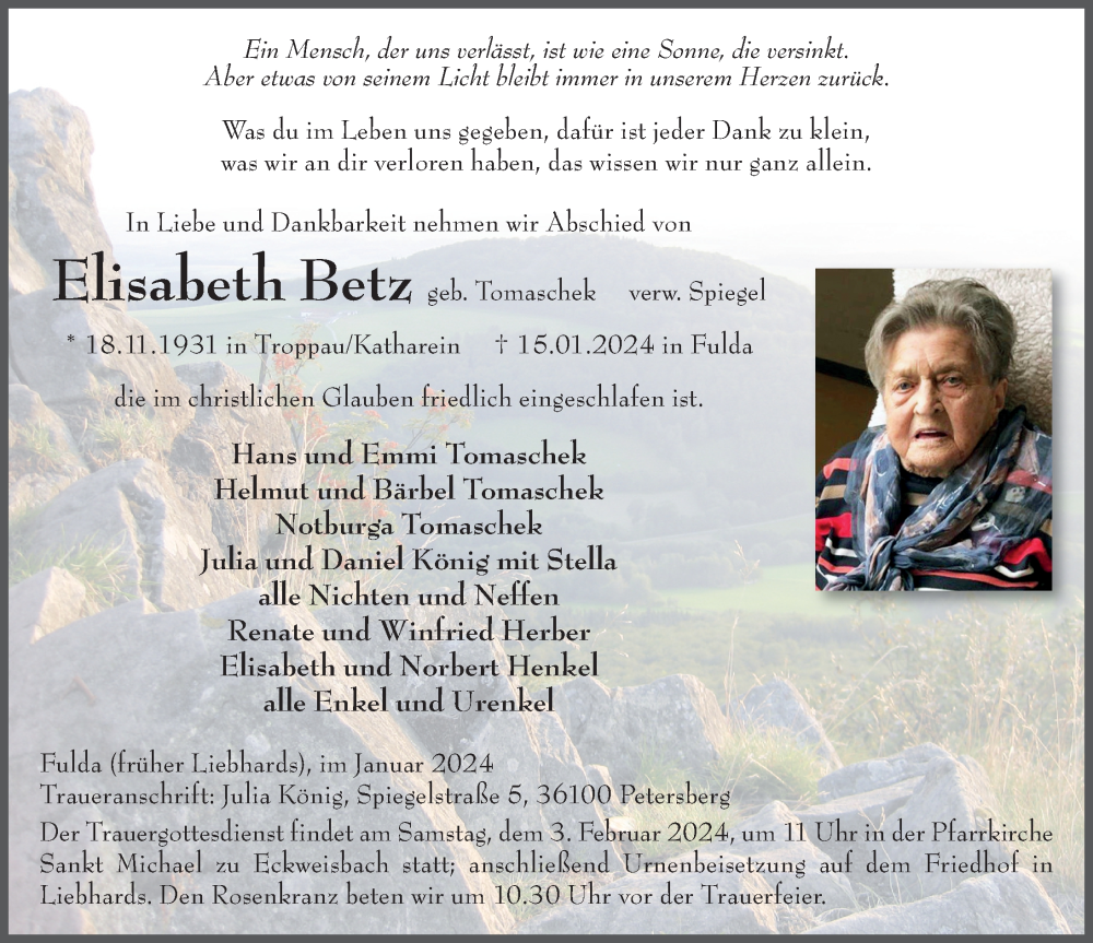  Traueranzeige für Elisabeth Betz vom 01.02.2024 aus FZ