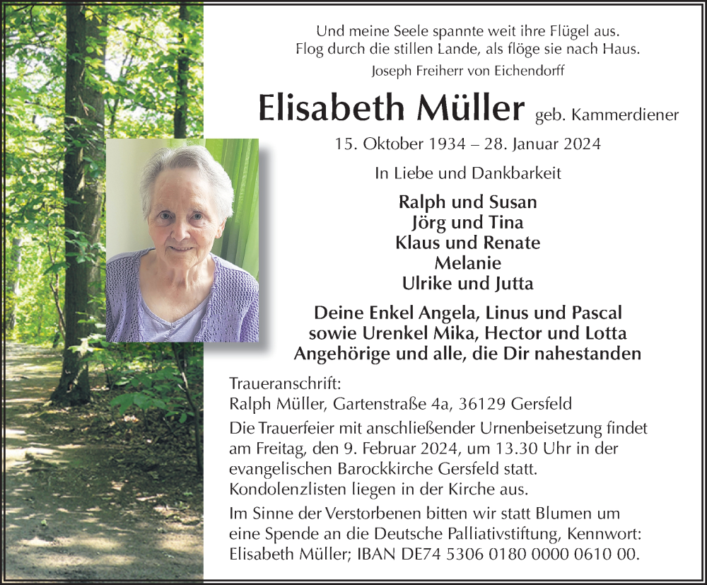  Traueranzeige für Elisabeth Müller vom 07.02.2024 aus FZ