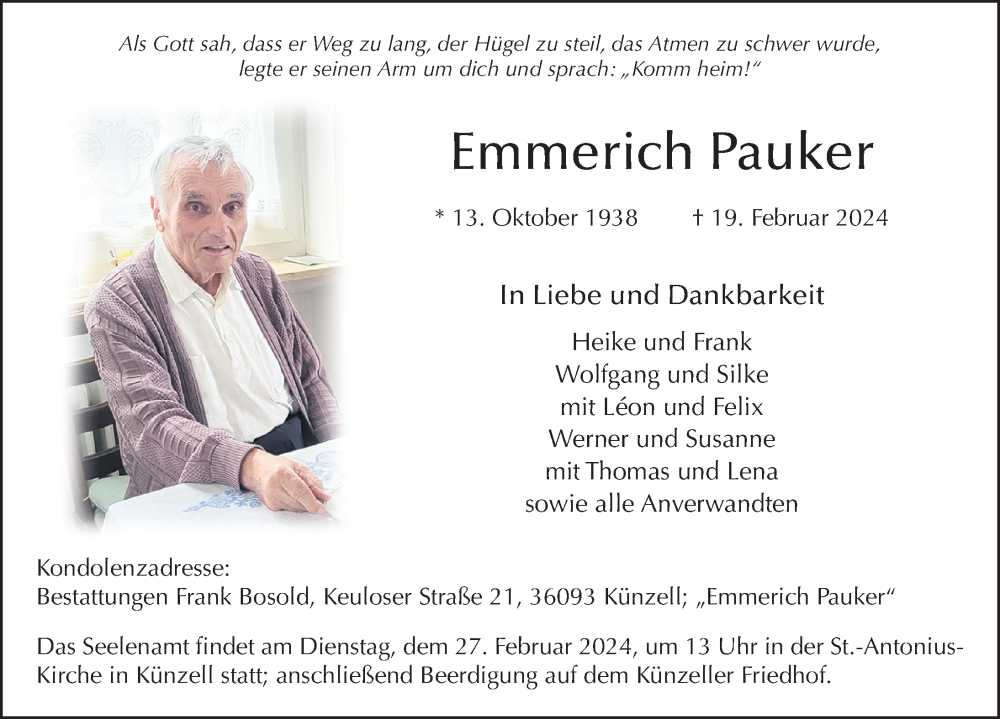  Traueranzeige für Emmerich Pauker vom 23.02.2024 aus FZ