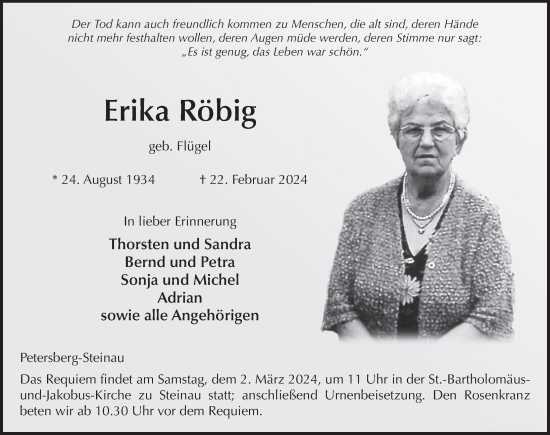 Traueranzeige von Erika Röbig von FZ