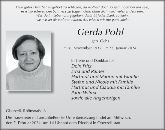 Traueranzeige von Gerda Pohl von FZ