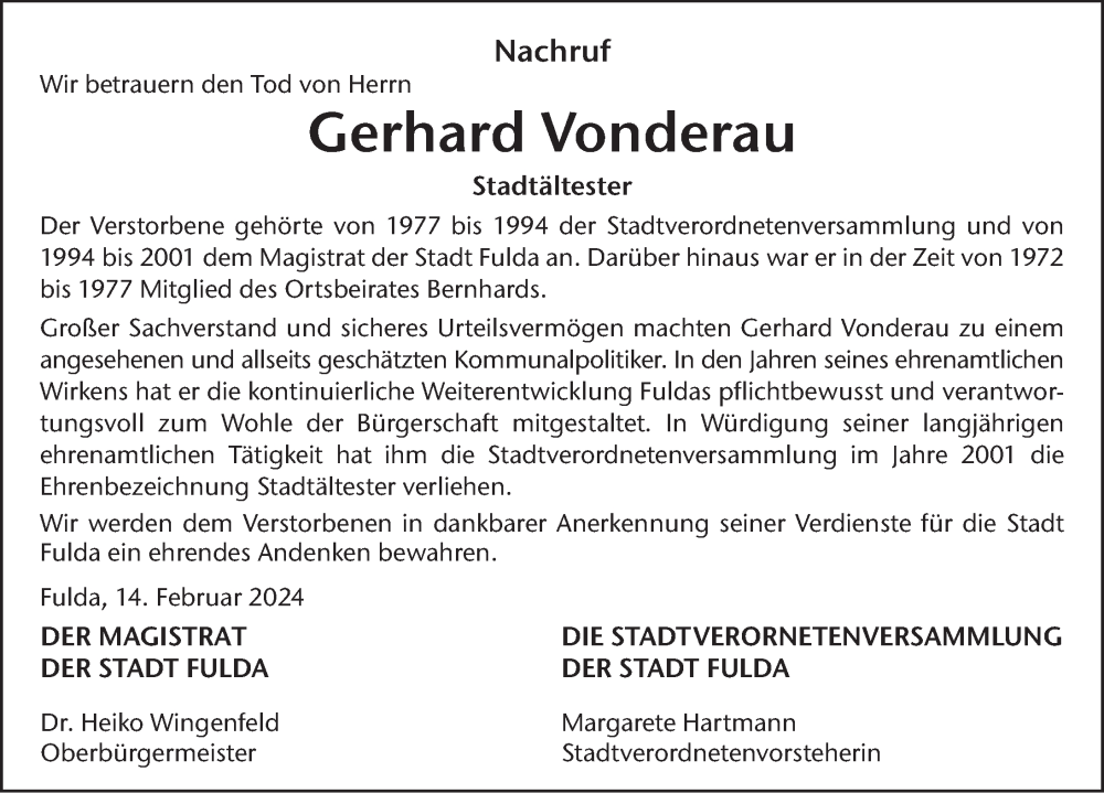  Traueranzeige für Gerhard Vonderau vom 14.02.2024 aus FZ
