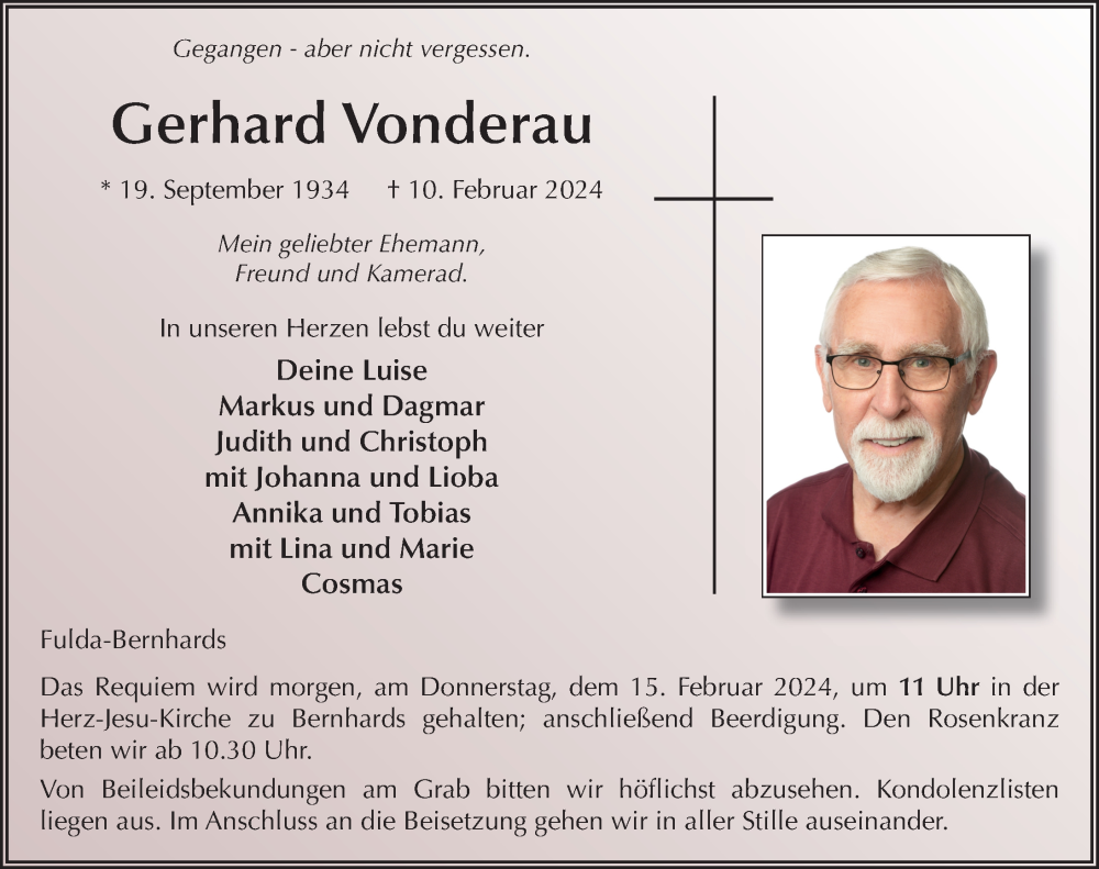  Traueranzeige für Gerhard Vonderau vom 14.02.2024 aus FZ