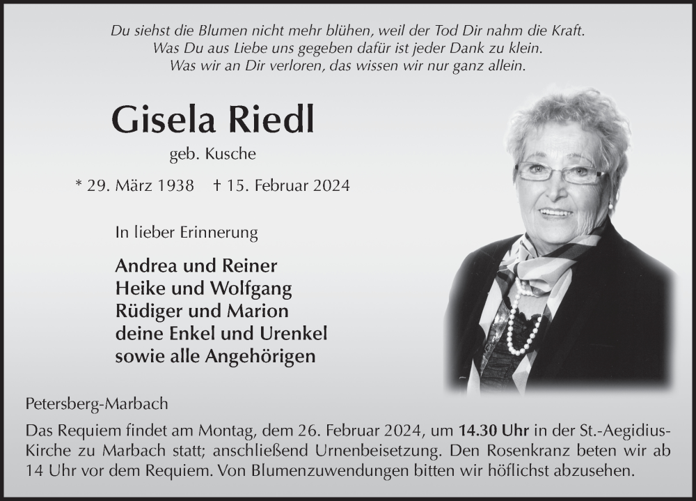  Traueranzeige für Gisela Riedl vom 20.02.2024 aus FZ