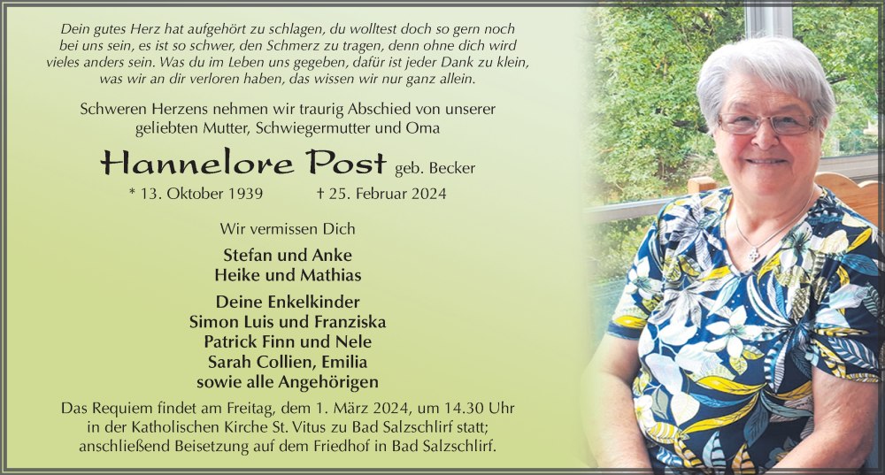  Traueranzeige für Hannelore Post vom 28.02.2024 aus FZ