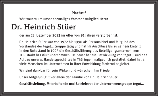 Traueranzeige von Heinrich Stüer von FZ