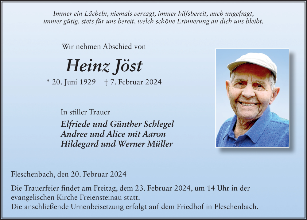  Traueranzeige für Heinz Jöst vom 20.02.2024 aus FZ