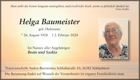 Traueranzeige von Helga Baumeister von FZ