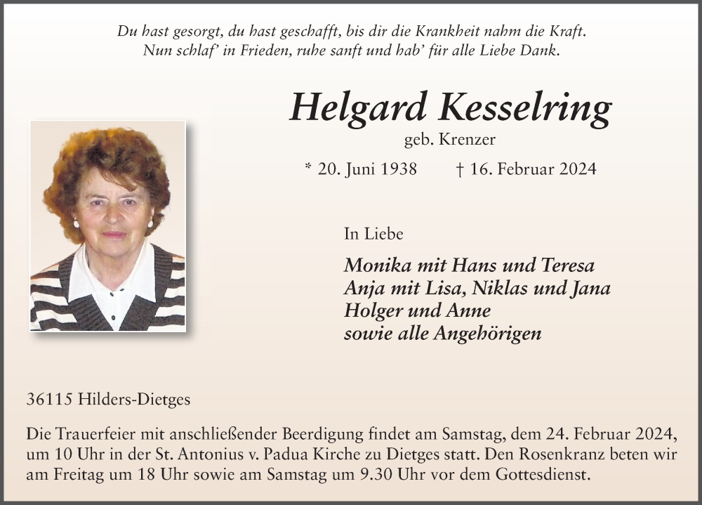  Traueranzeige für Helgard Kesselring vom 22.02.2024 aus FZ