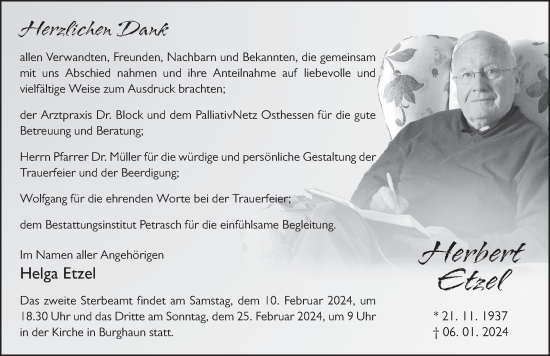 Traueranzeige von Herbert Etzel von FZ