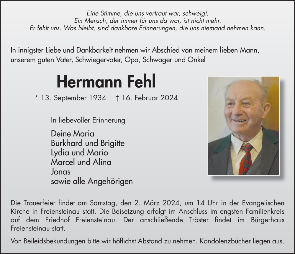  Traueranzeige für Hermann Fehl vom 29.02.2024 aus FZ
